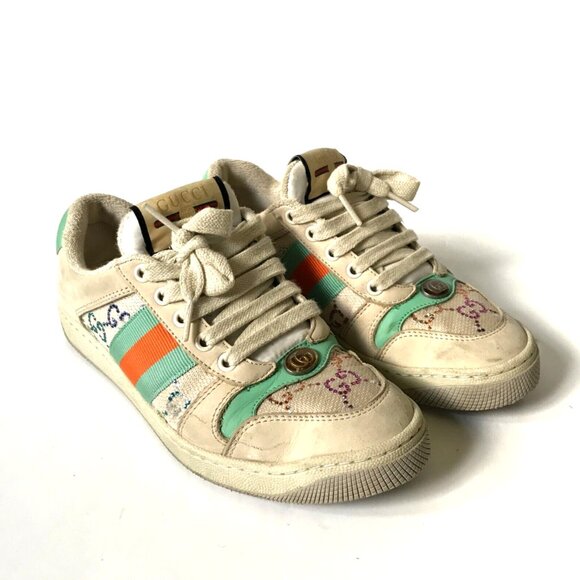 Gucci GG Screener Panelled Leather Trainers Sneakers Womens 36 6 Cream Green - Picture 3 of 11